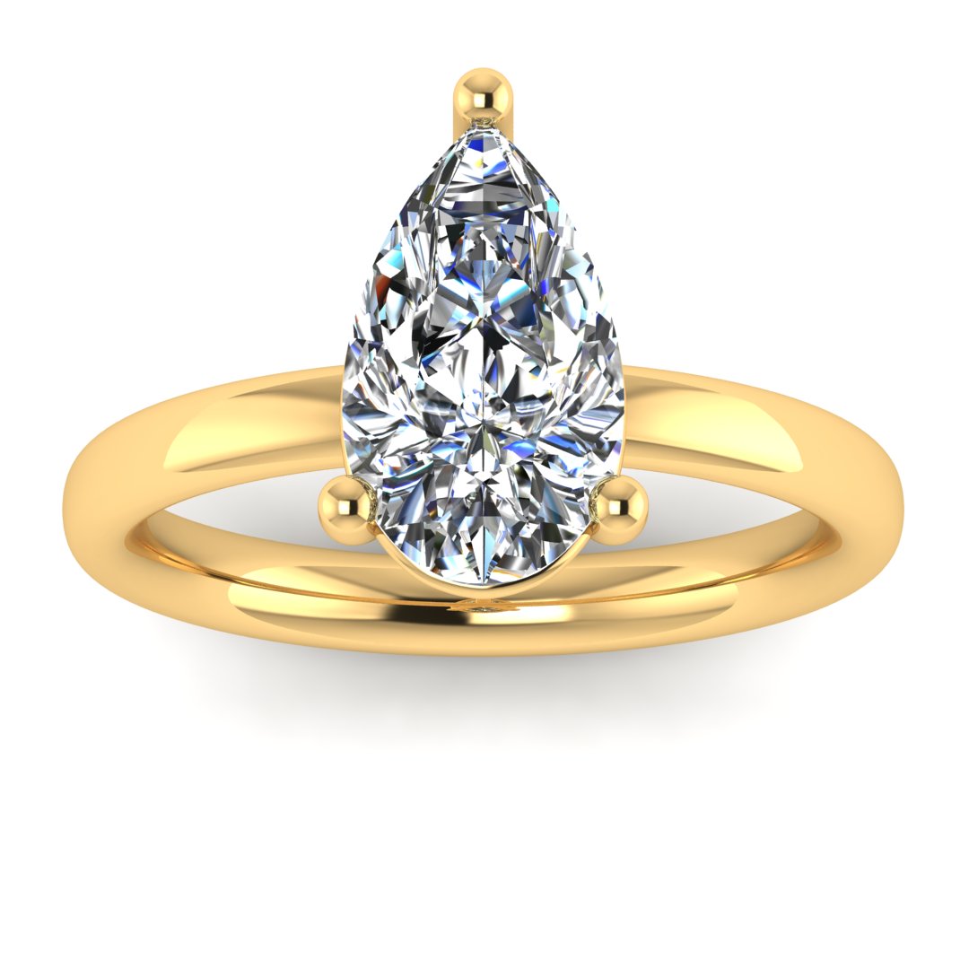 front view of a yellow gold engagement ring with a pear cut lab grown ethical and sustainable diamond