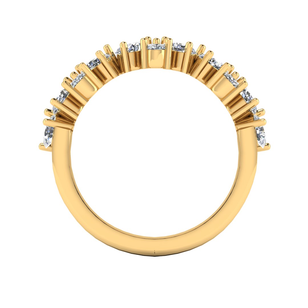 flat view off a glamourous intricate yellow gold eternity ring which can also be worn as a wedding band featuring pear cut lab-grown diamonds arranged in a pattern