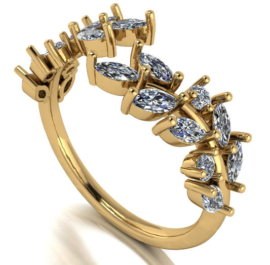 angled view of yellow gold eternity ring or wedding band with an open design using marquise cut lab grown diamonds