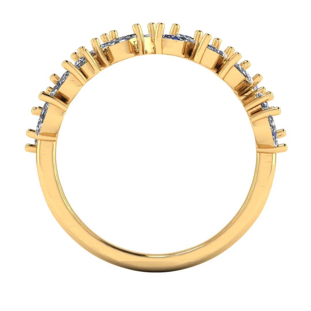 flat view of yellow gold eternity ring or wedding band with an open design using marquise cut lab grown diamonds