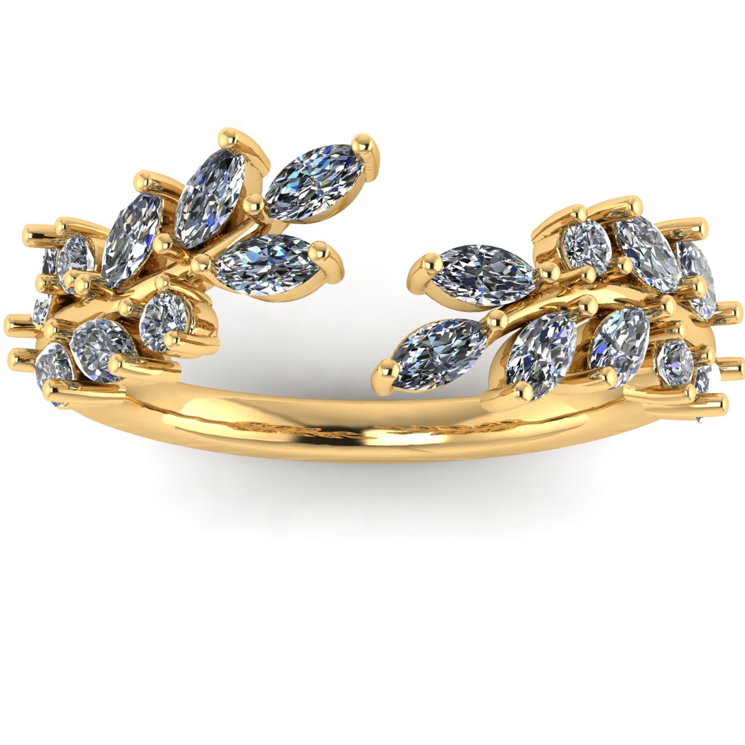front view of yellow gold eternity ring or wedding band with an open design using marquise cut lab grown diamonds