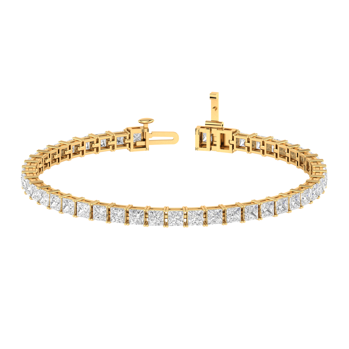 yellow gold tennis line bracelet with princess cut ethical & sustainable lab grown diamonds set using prongs