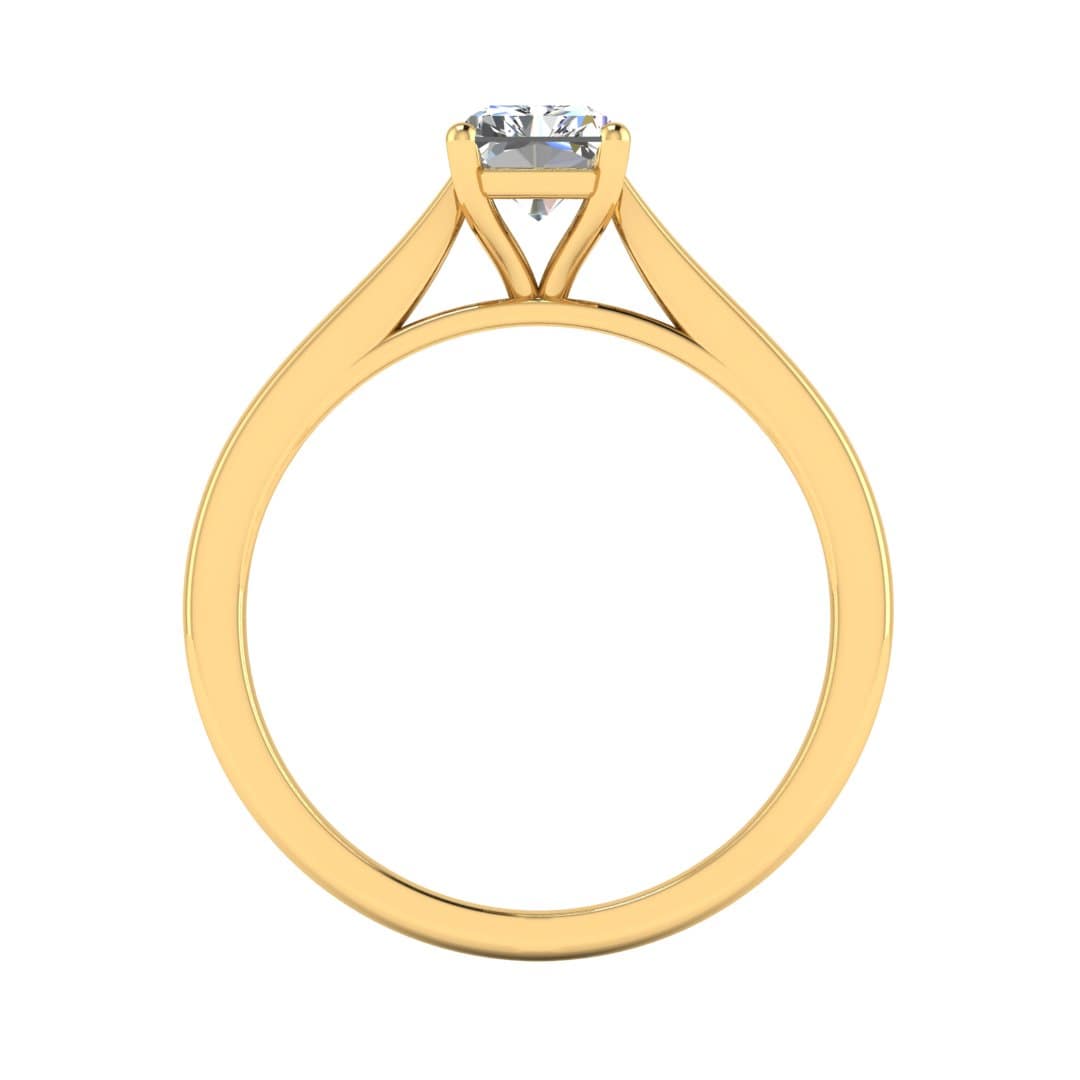 flat view of a yellow gold engagement ring set with a radiant cut lab grown diamond with 4 claws