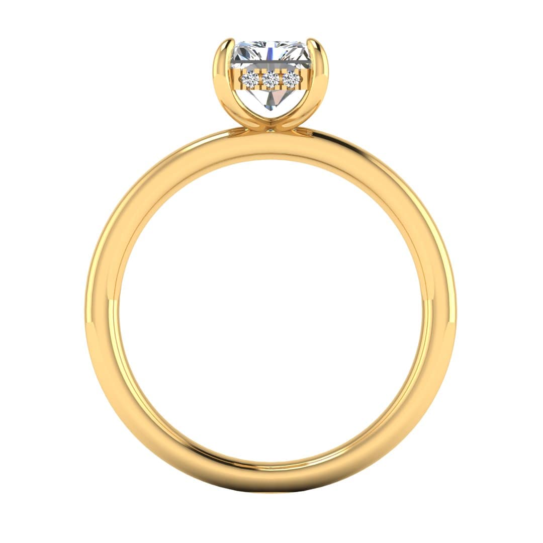 flat view of a yellow gold single solitaire engagement with set with a radiant cut lab grown diamond featuring a secret hidden under halo