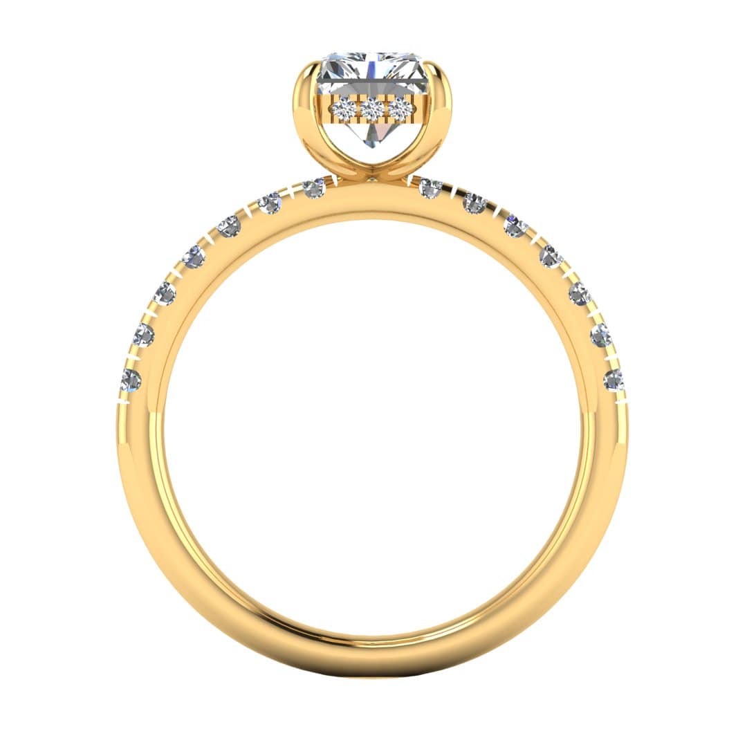 flat view of yellow gold engagement ring featuring a radiant cut lab-grown diamond with pavé-set shoulders and a hidden halo