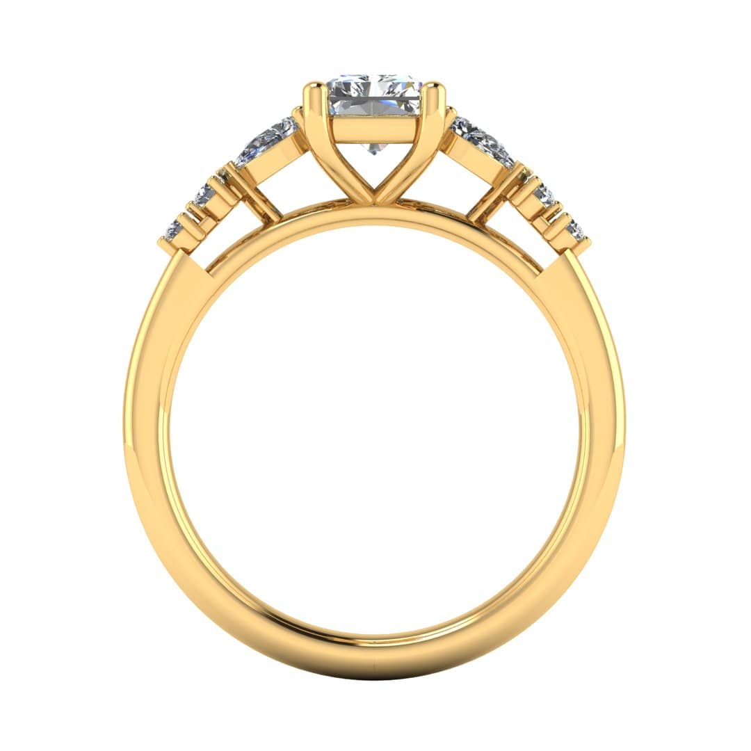 flat view of a yellow gold multi-stone lab grown diamond engagement ring. It features a radiant cut lab-grown diamond with one pear and two round side diamonds on either side
