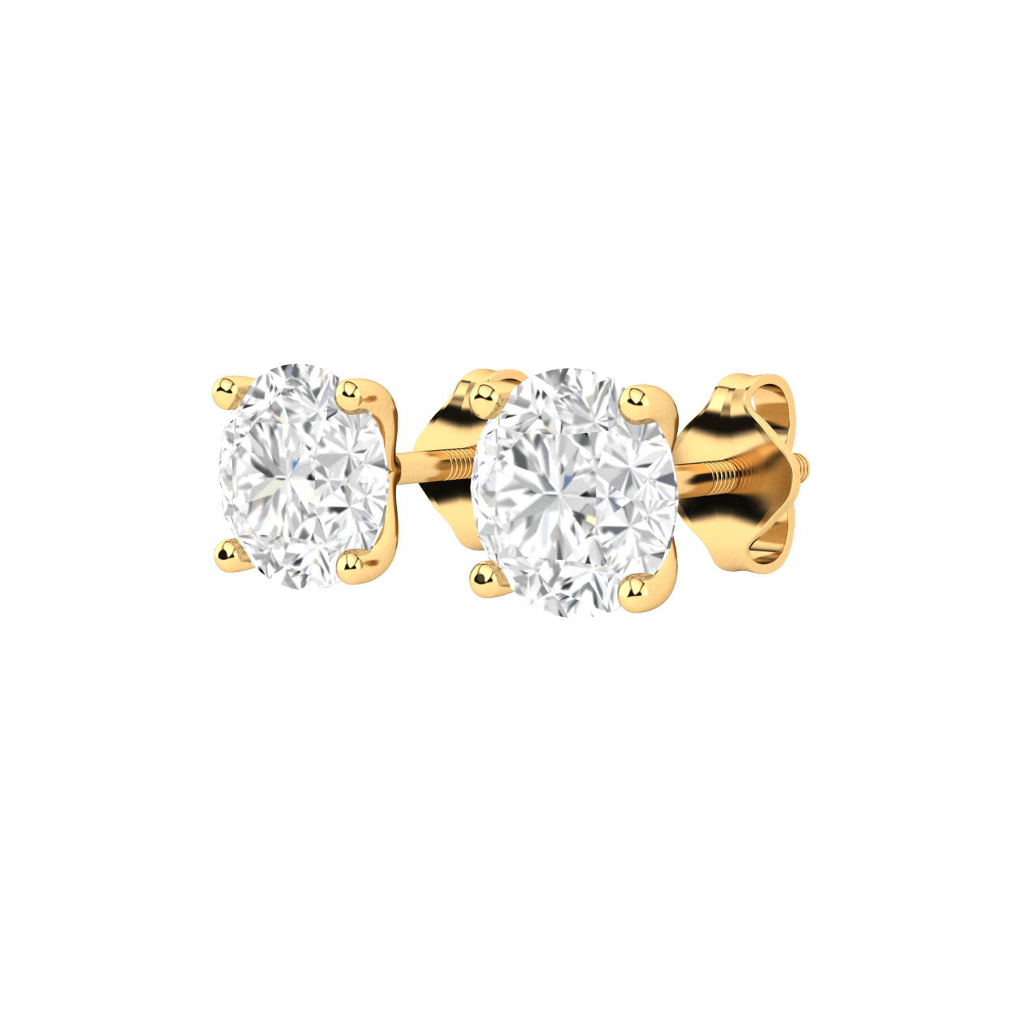 Angled view of yellow gold stud earrings with round brilliant lab grown diamonds in a martini setting