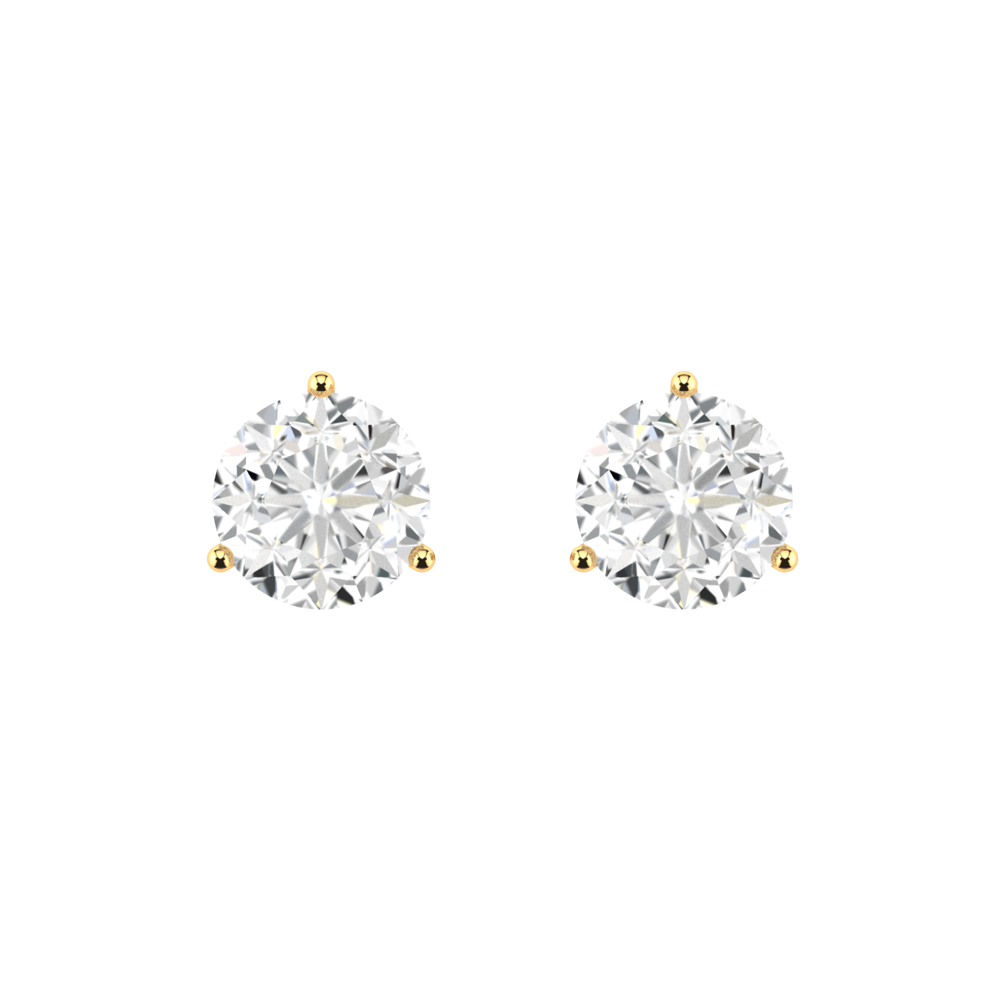 view of 3 claw yellow gold stud earrings with round brilliant lab grown diamonds in a basket setting