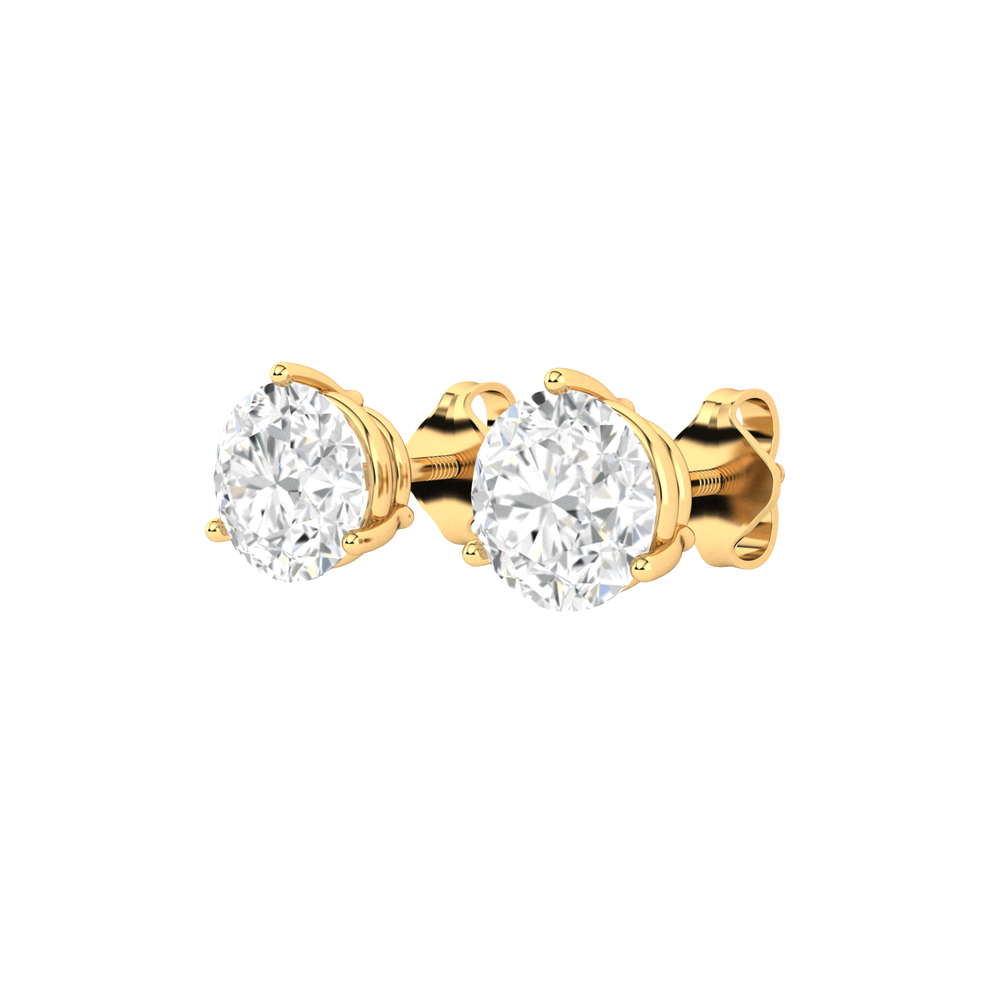 angled view of yellow gold stud earrings with round brilliant lab grown diamonds in a basket setting