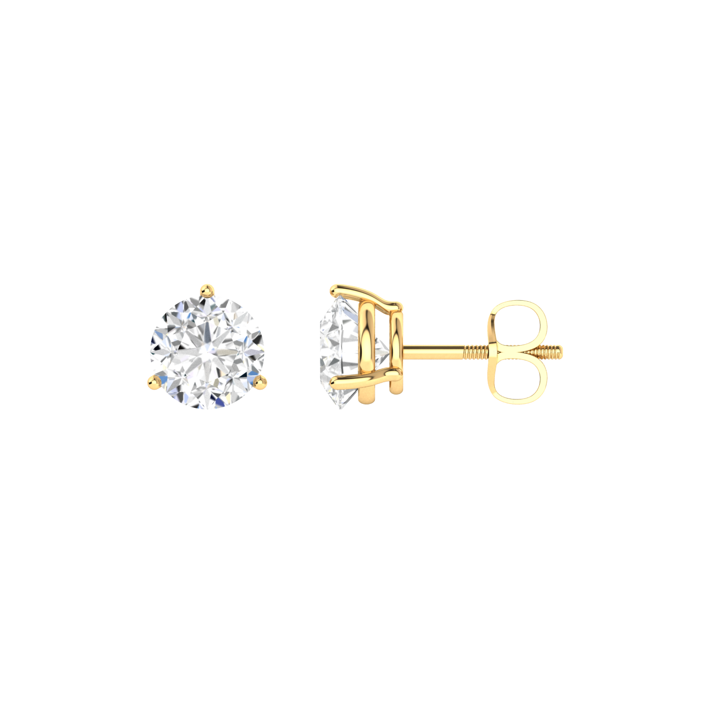 Front and side view of yellow gold stud earrings with round brilliant lab grown diamonds in a basket setting