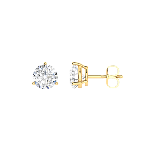 Front and side view of yellow gold stud earrings with round brilliant lab grown diamonds in a basket setting