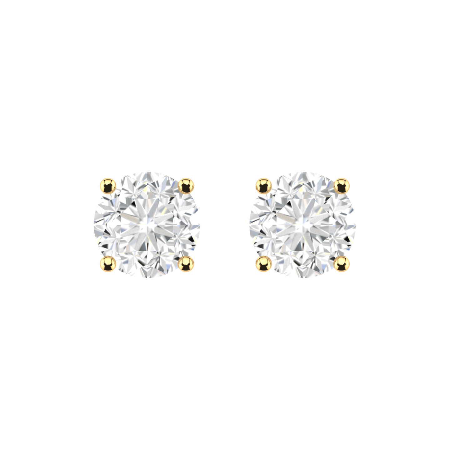 front view of yellow gold stud earrings with round brilliant lab grown diamonds in a martini setting
