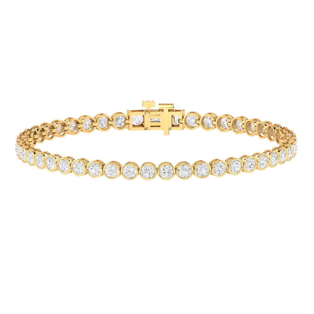 yellow gold line tennis bracelet with ethical round brilliant lab made diamonds in a rubover bezel setting