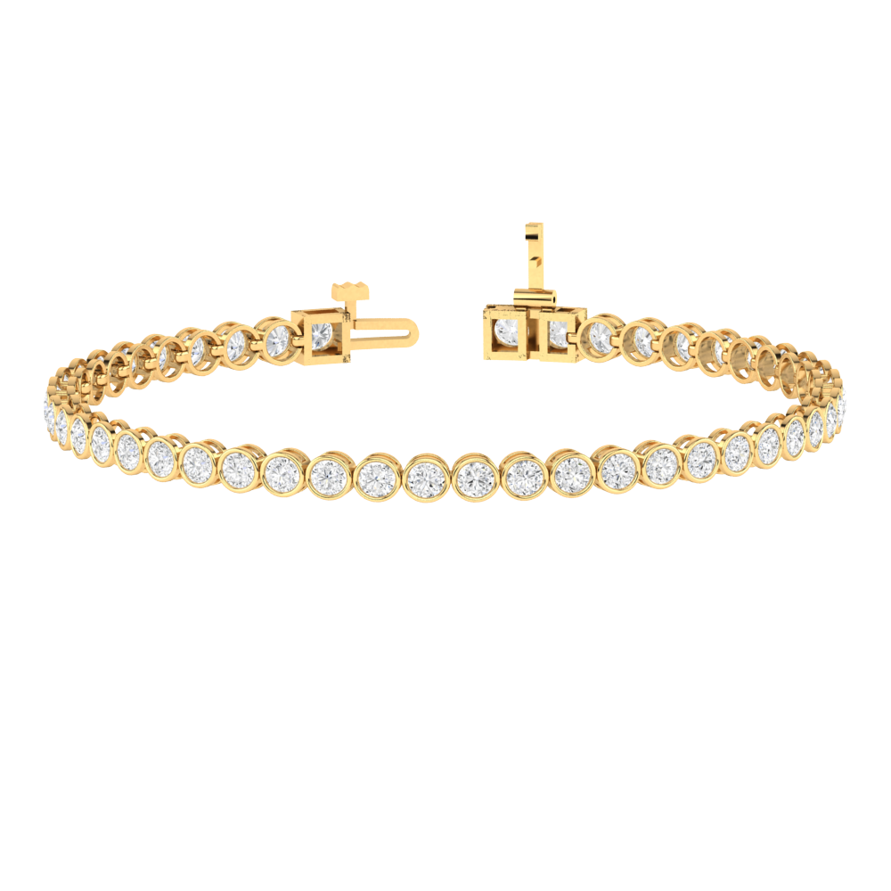 yellow gold line tennis bracelet with ethical round brilliant lab made diamonds in a rubover bezel setting