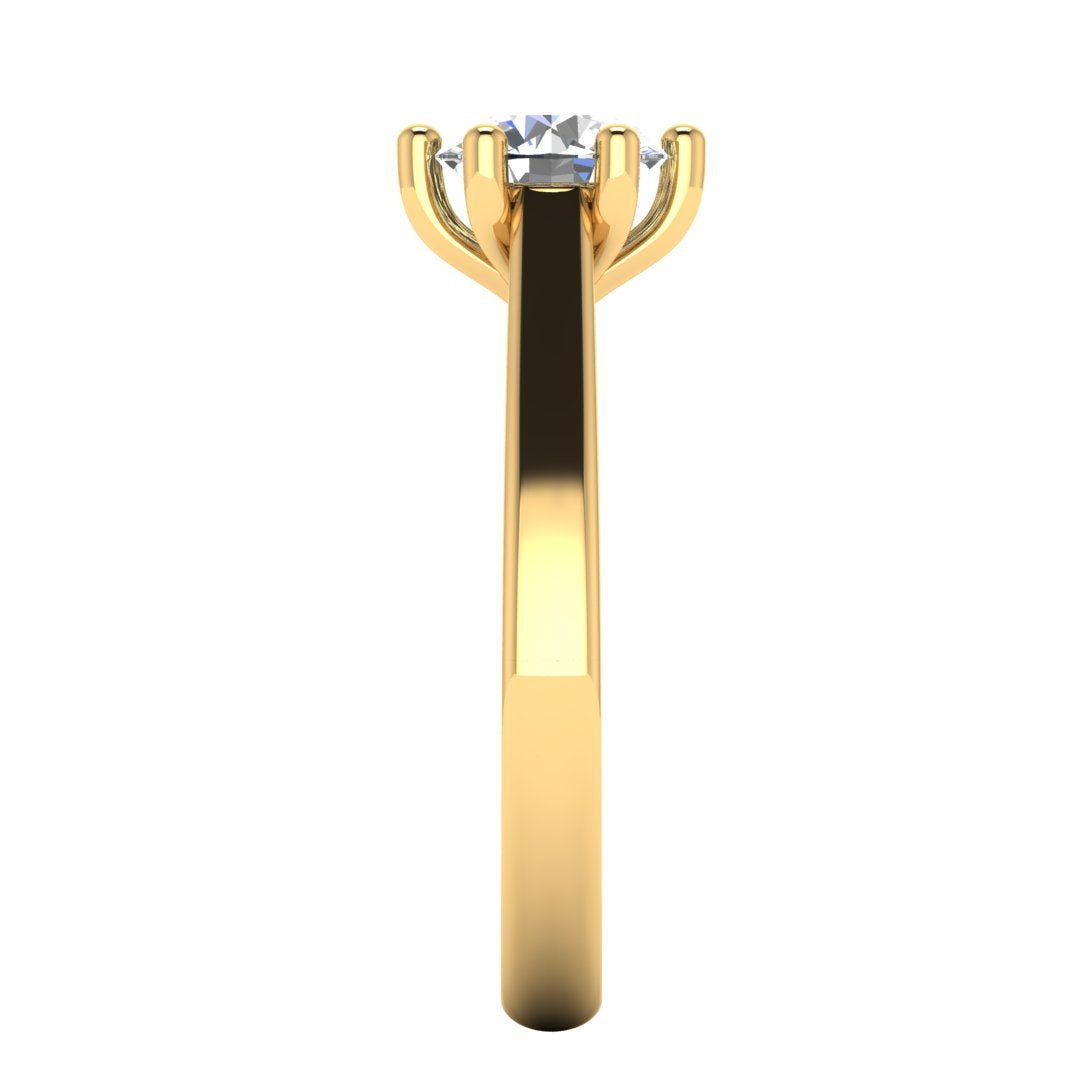 Side view of Chelsea lab grown round brilliant engagement 6 claw ring in cathedral setting in yellow gold