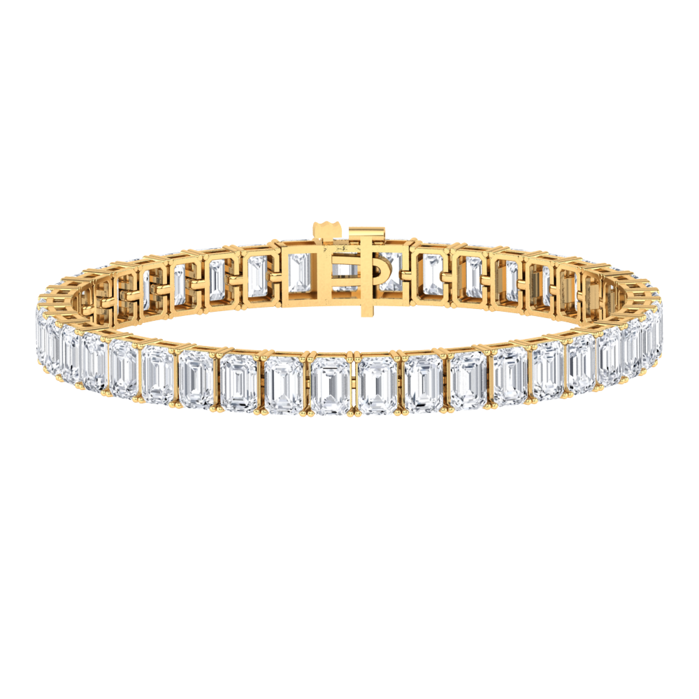 yellow gold tennis line bracelet with emerald cut ethical & sustainable lab grown diamonds set vertically using prongs