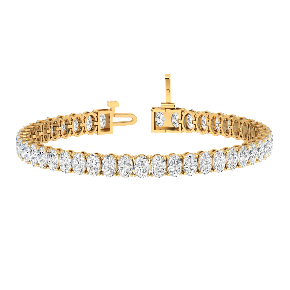 yellow gold tennis line bracelet with oval cut ethical & sustainable lab grown diamonds set vertically using prongs