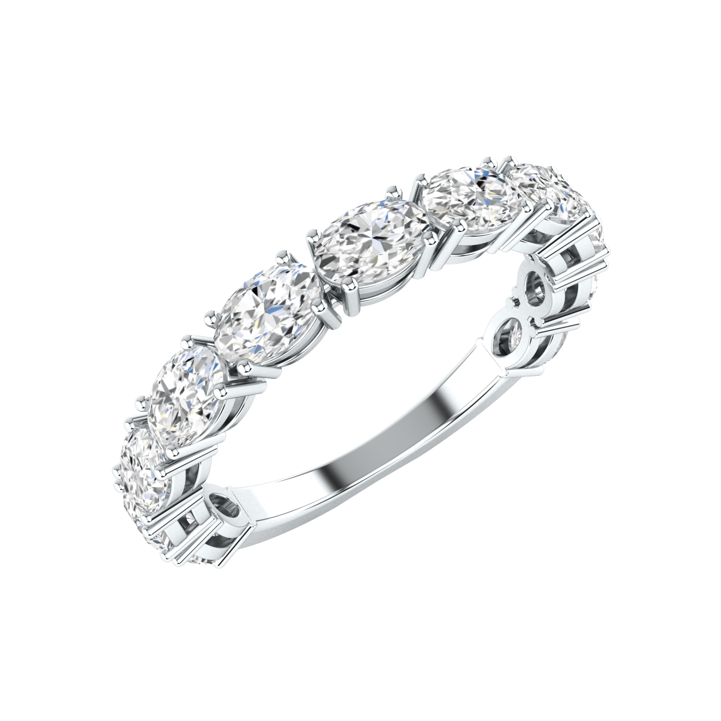 Angled view of a white gold platinum oval shaped lab grown diamond which is horizontally set in a half eternity ring