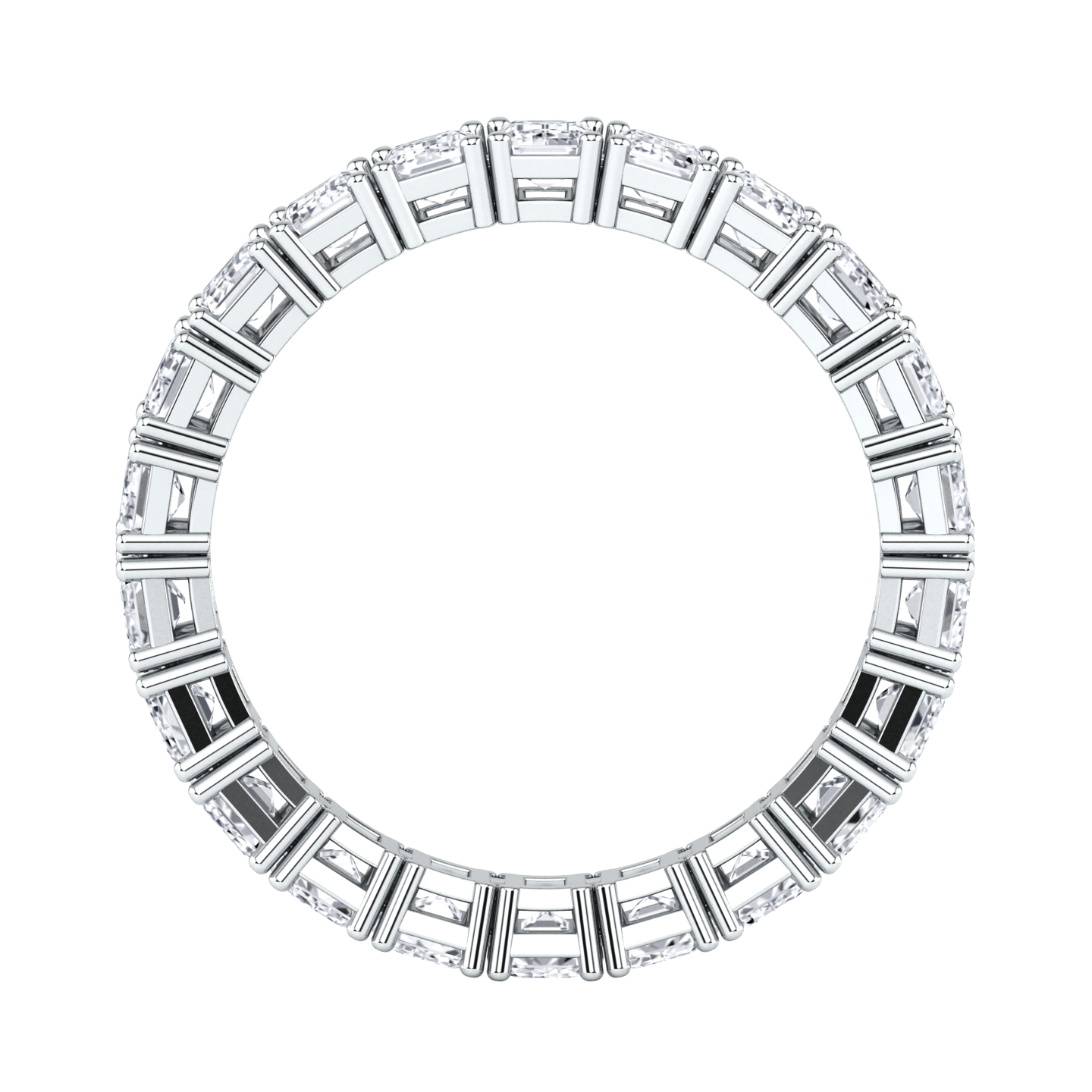 Flat view of a platinum white gold full set eternity ring with emerald cut lab grown diamonds set vertically