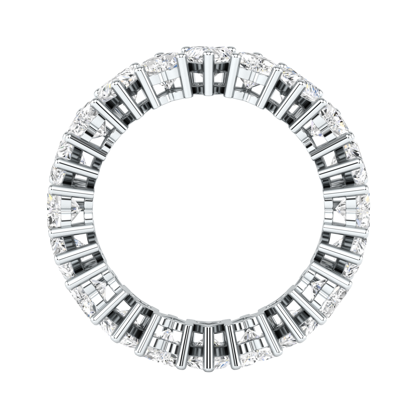 Flat view of a platinum white gold full set eternity ring with hear cut lab grown diamonds 