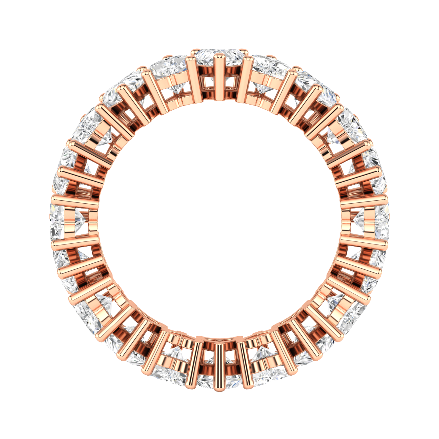 Flat view of a rose gold full set eternity ring with heart cut lab grown diamonds