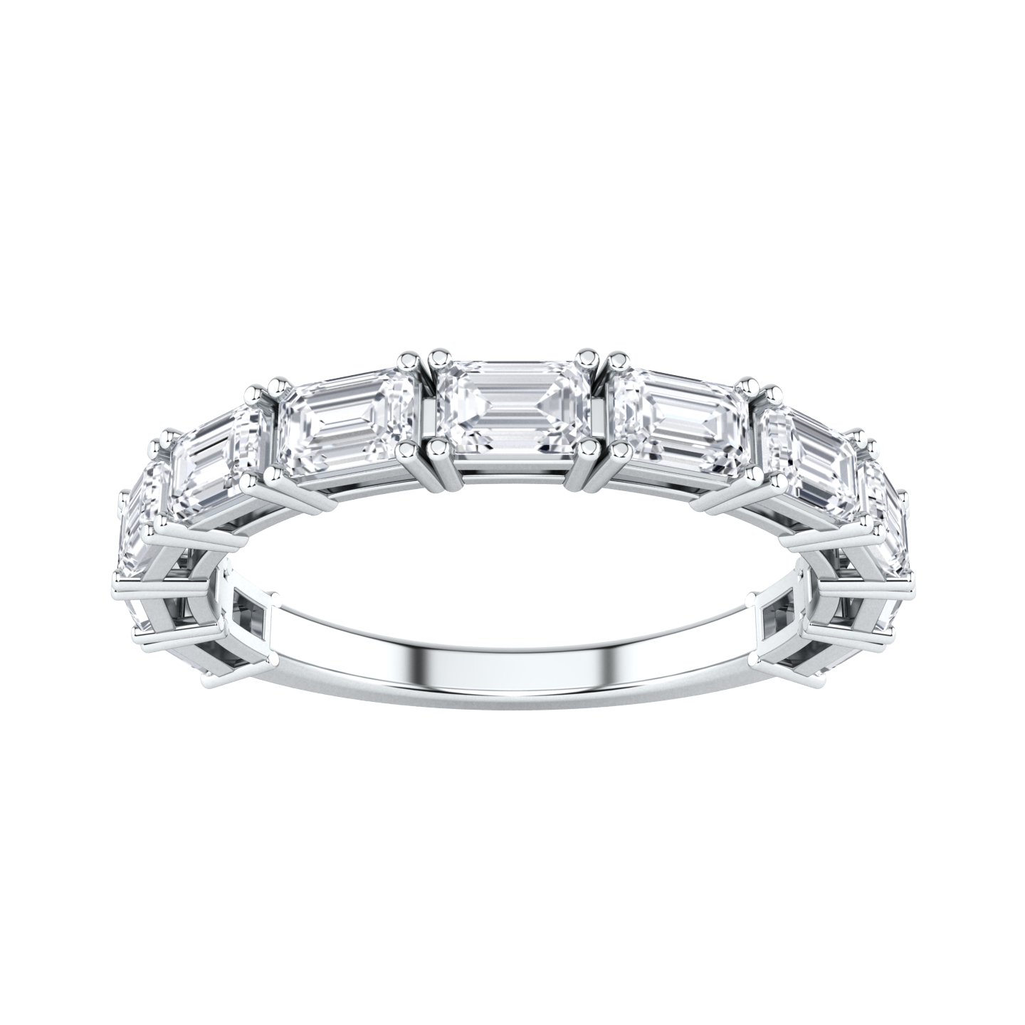 Front view of a platinum white gold half set eternity ring with emerald cut lab grown diamonds set horizontally