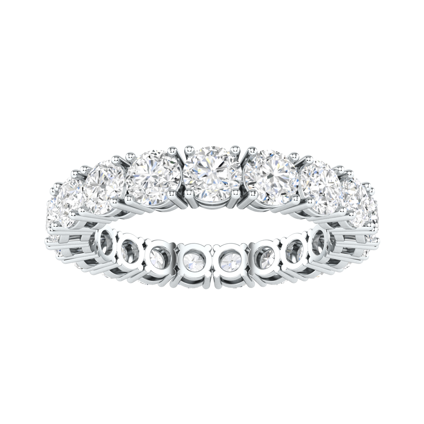 Front view of a platinum white gold full set eternity ring with round brilliant cut lab grown diamonds 