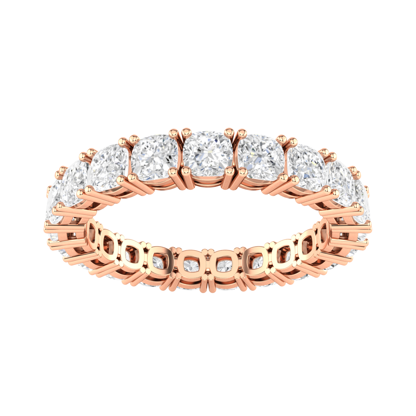 Front view of a rose gold full set eternity ring with cushion cut lab grown diamonds 