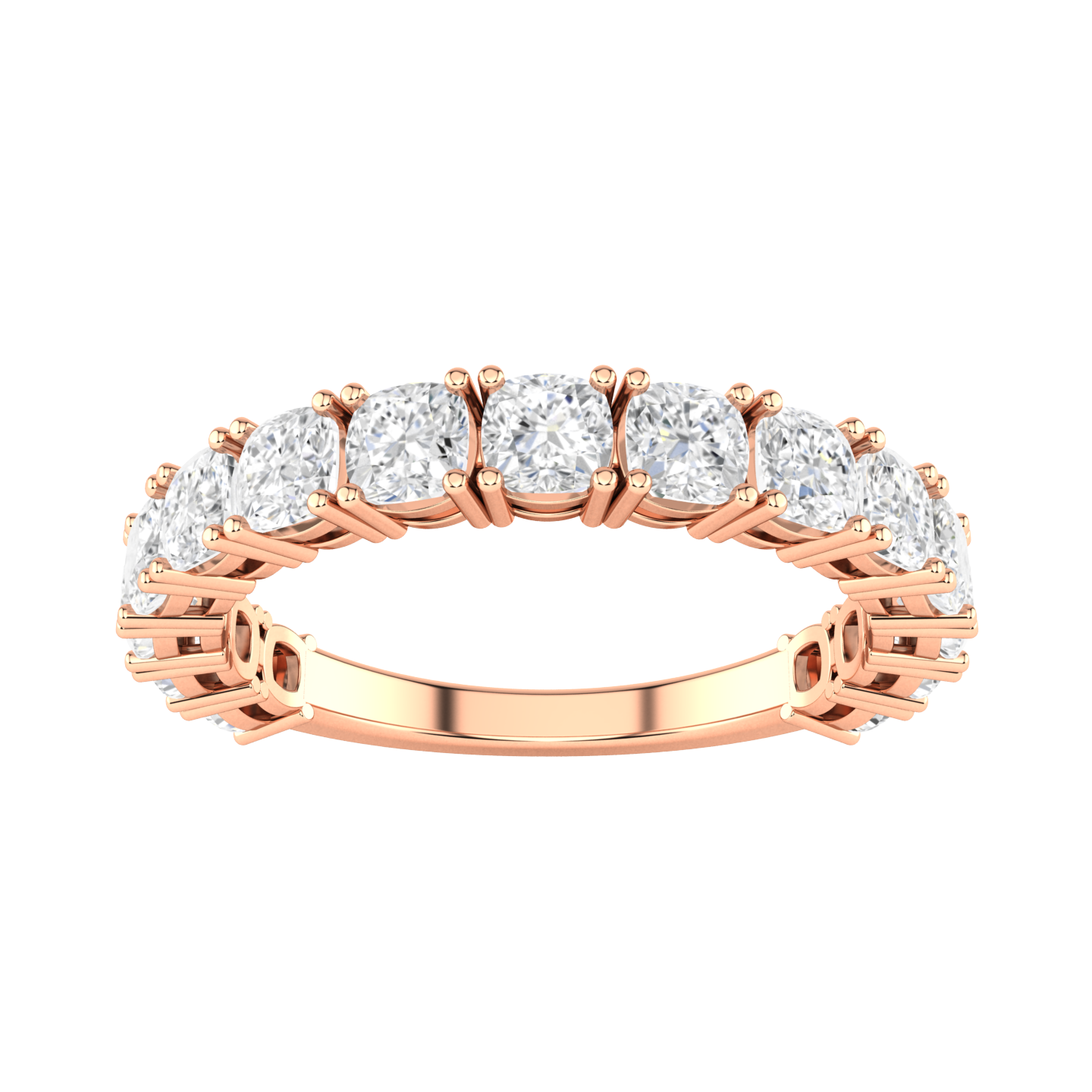 Front view of a rose gold half set eternity ring with cushion cut lab grown diamonds 