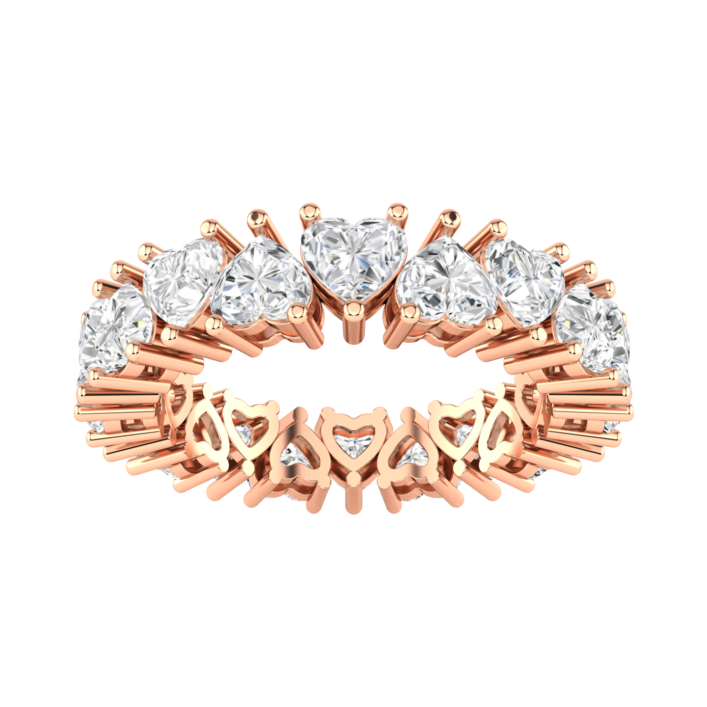 Front view of a rose gold full set eternity ring with heart cut lab grown diamonds