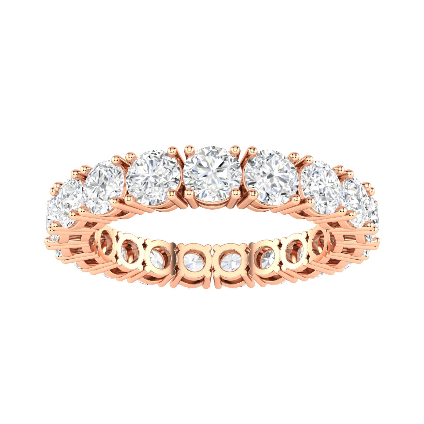 Front view of a platinum white gold full set eternity ring with round brilliant cut lab grown diamonds 
