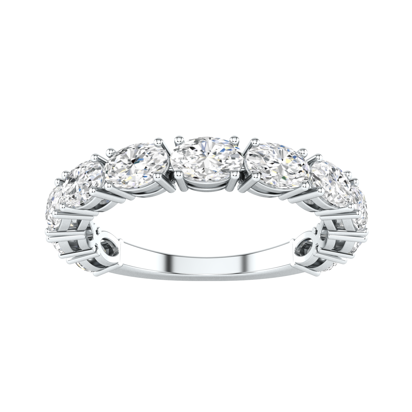 Front view of a white gold platinum oval cut lab grown diamond horizontally set on a half eternity ring