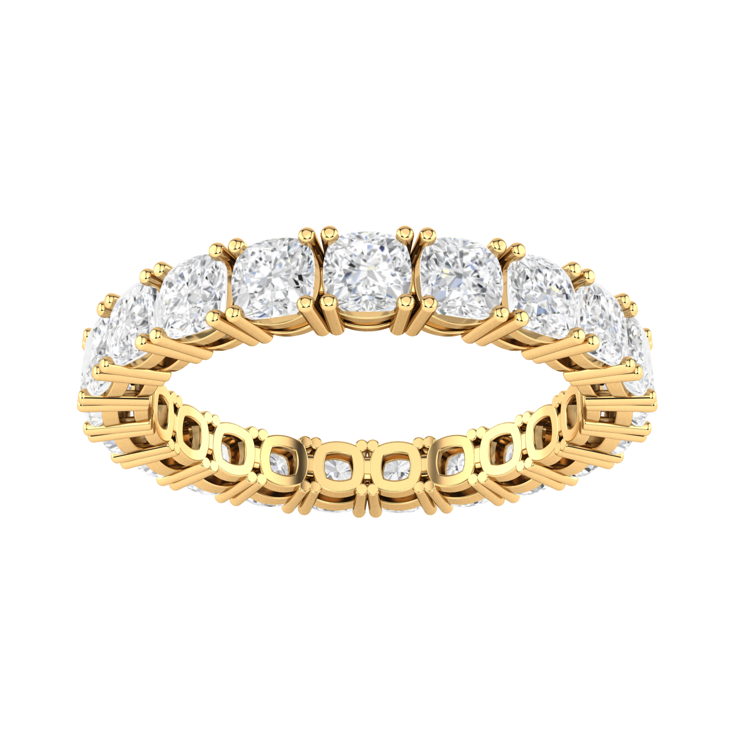 Front view of a yellow gold full set eternity ring with cushion cut lab grown diamonds 