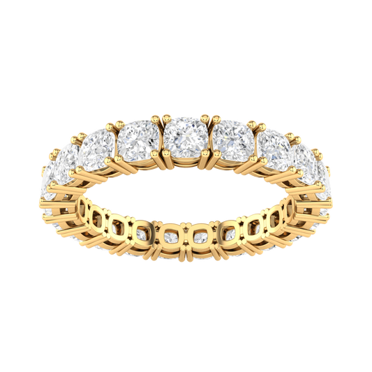 Front view of a yellow gold full set eternity ring with cushion cut lab grown diamonds 