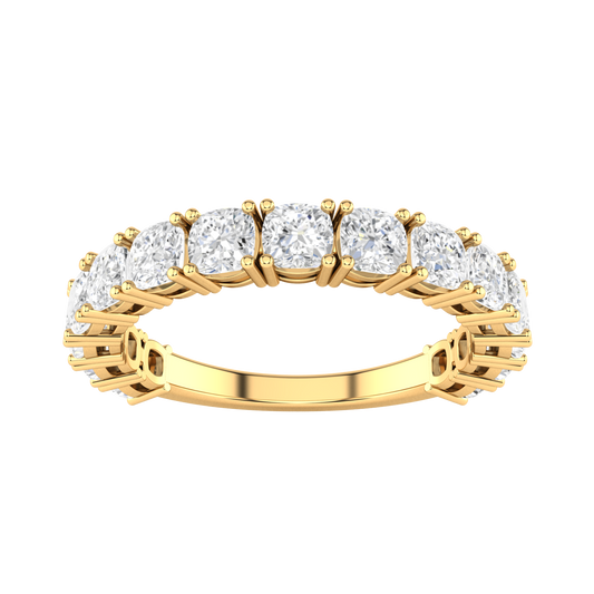 Front view of a yellow gold half set eternity ring with cushion cut lab grown diamonds 