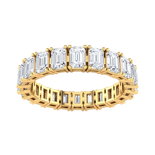 Front view of a yellow gold full set eternity ring with emerald cut lab grown diamonds set vertically