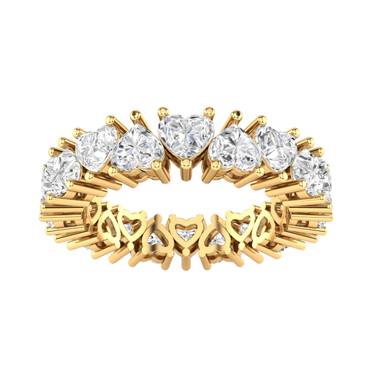 Front view of a yellow gold full set eternity ring with heart cut lab grown diamonds