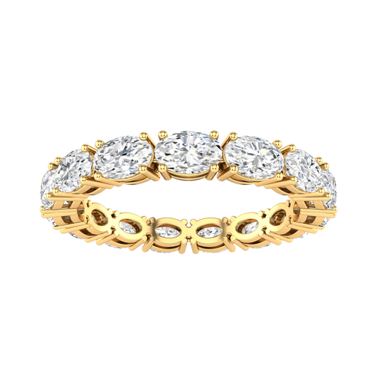 Front view of a yellow gold full set eternity ring with oval cut lab grown diamonds set horizontally