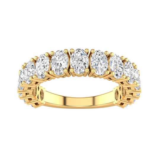 Front view of a vertically set half eternity ring with oval cut lab grown diamonds