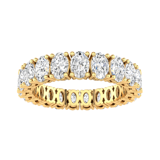 Front view of a yellow gold full set eternity ring with oval cut lab grown diamonds set vertically