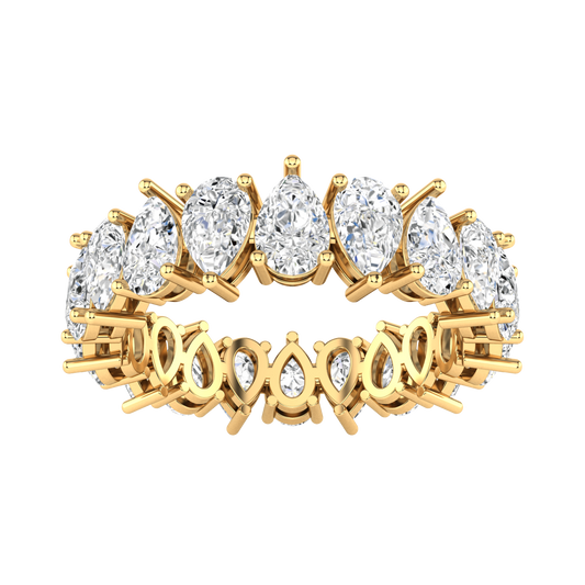 Front view of a yellow gold full set eternity ring with pear cut lab grown diamonds