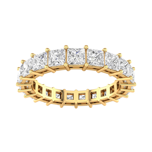 Front view of a yellow gold full set eternity ring with princess cut lab grown diamonds 