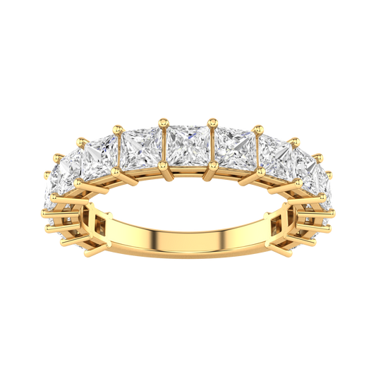 Front view of a yellow gold half set eternity ring with princess cut lab grown diamonds 
