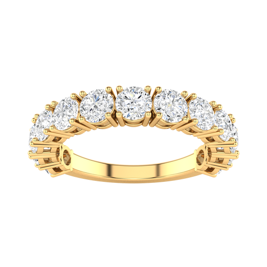 Front view of a yellow gold half set eternity ring with round brilliant cut lab grown diamonds