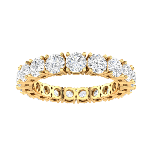 Front view of a yellow gold full set eternity ring with round brilliant cut lab grown diamonds 