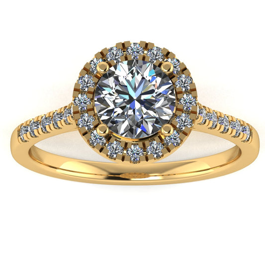 Front view of Holly yellow gold lab grown diamond engagement ring with halo and side shoulder diamonds