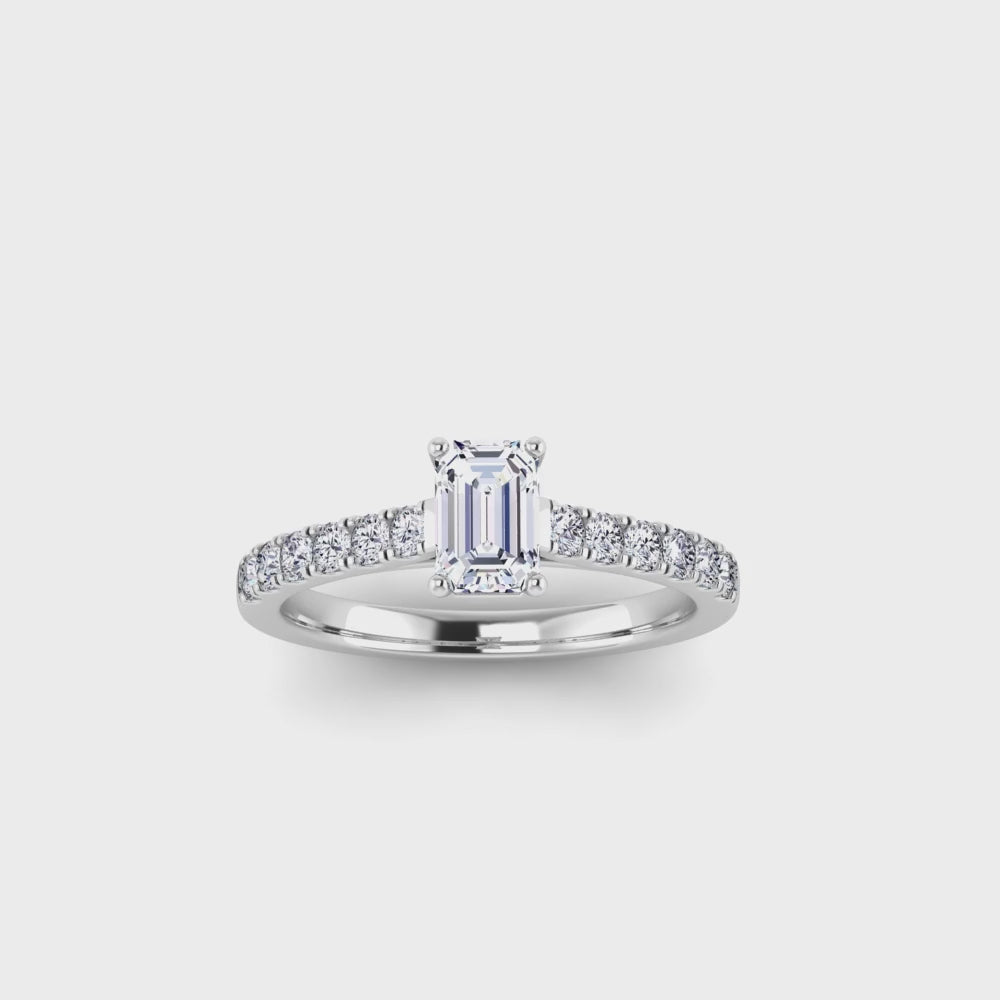 360 video view of a rose gold, white gold, platinum and yellow gold engagement ring with an emerald cut lab-grown diamond as the centre stone with pavé-set diamond shoulders
