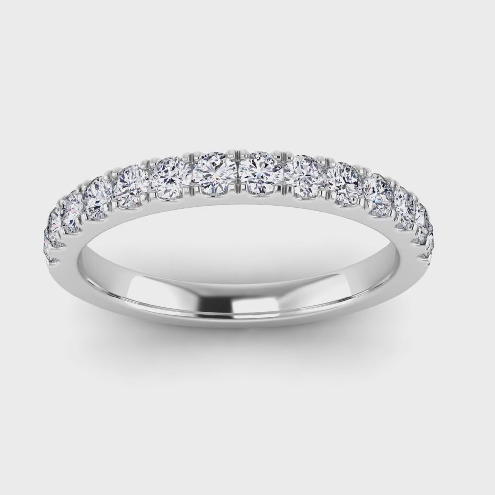 360 video of wedding band eternity ring with half micro-set round lab grown diamonds which fit most engagement rings