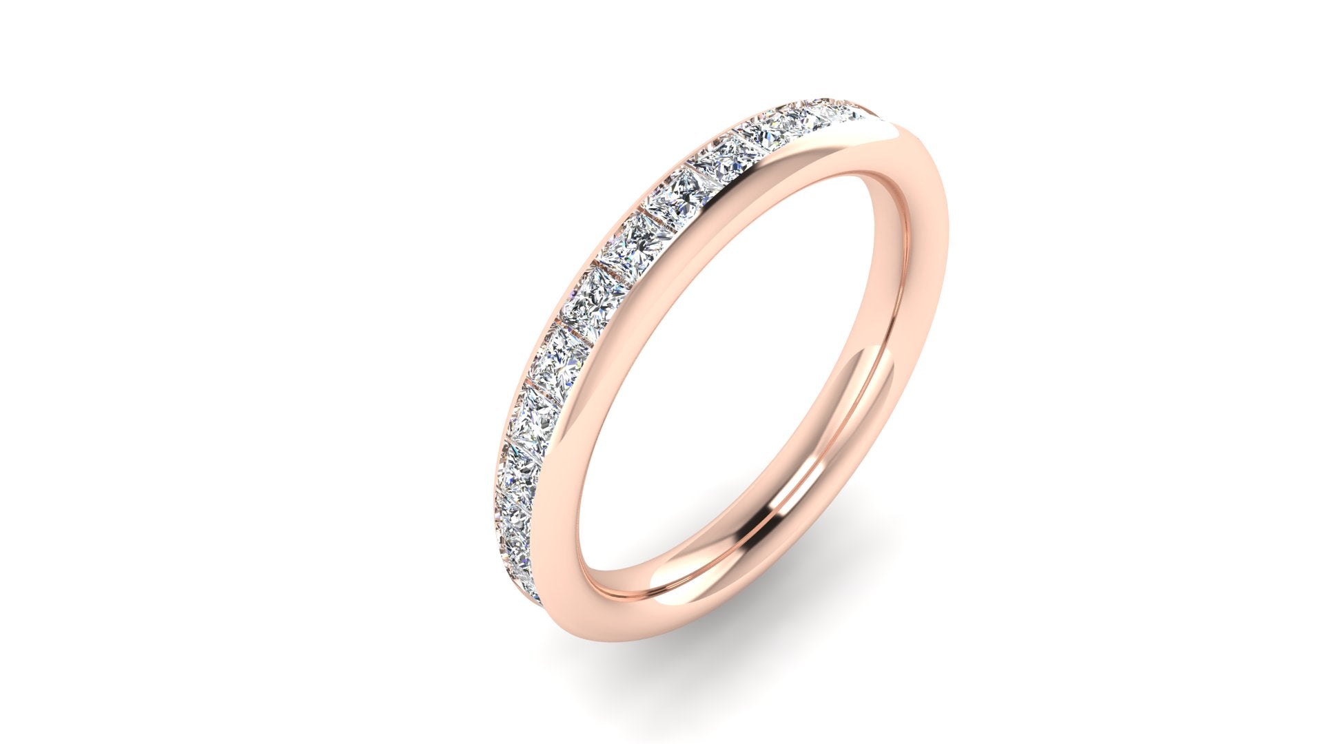 angled view of a rose gold lab grown diamond channel set wedding band with princess cut lab grown diamonds