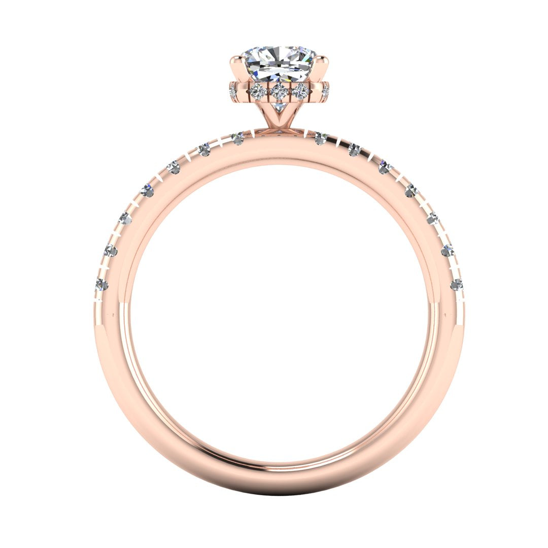 flat view of a rose gold cushion cut lab grown diamond engagement ring with pavé shoulders and a hidden halo
